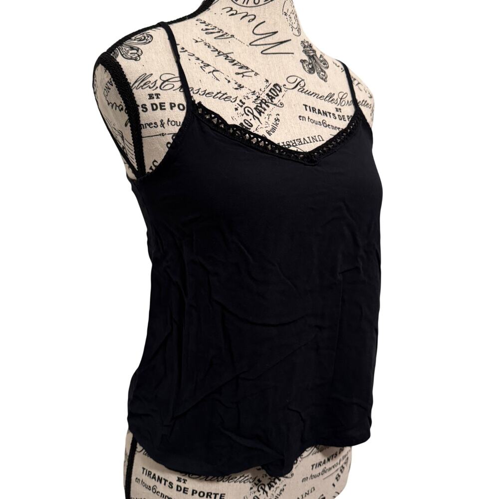 SO Womens Small Black Crochet Lace Trim Cami Tank Top Adjustable Straps Rayon